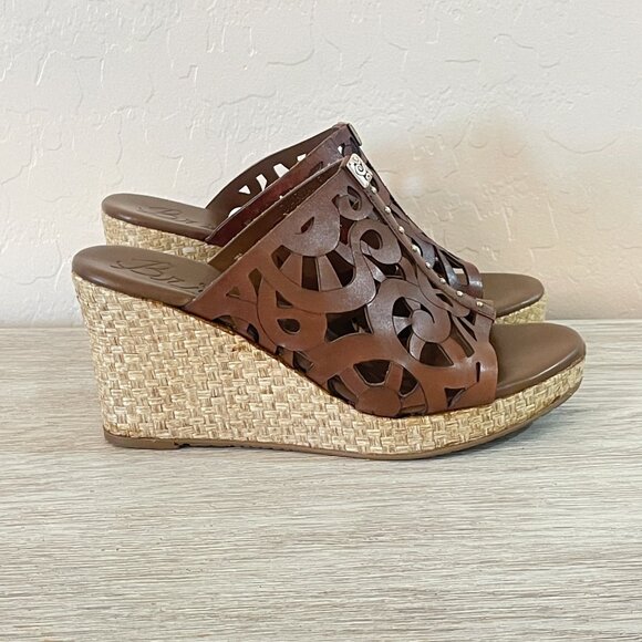 Brighton Sandals 6 Daria Brown Leather Silver Charm Woven Platform Wedge Slide - Picture 3 of 11